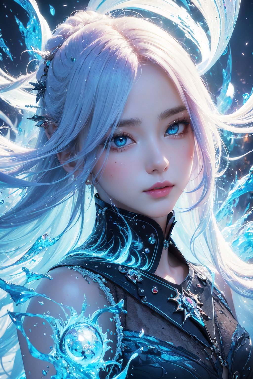 (masterpiece, top quality, best quality, official art, beautiful and aesthetic:1.2), (1girl), extreme detailed,(abstract, fractal art:1.3),colorful hair,highest detailed, detailed_eyes, fire, water, ice, lightning, light_particles, ghost,