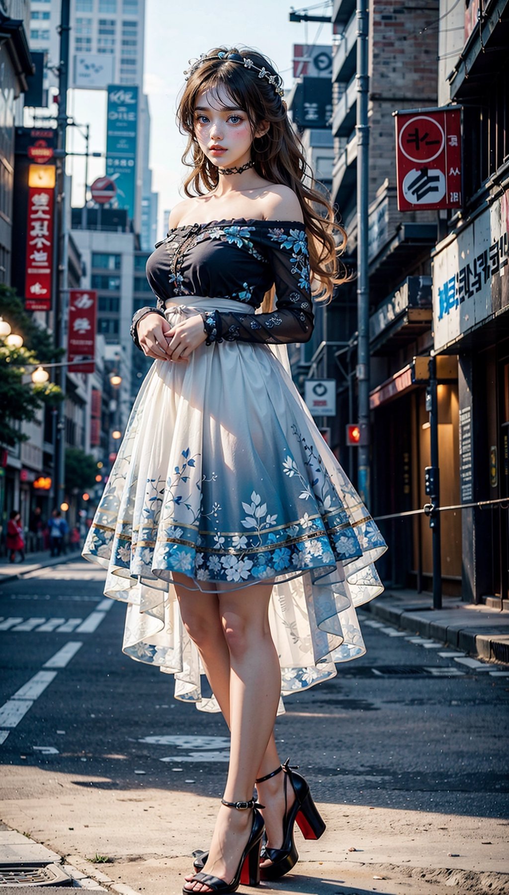 18 years old girl, wearing dress, real, wearing high heels, high quality, blond wavy hair, realistic eyes, background scene not commercial street, Korean style,bare shoulders