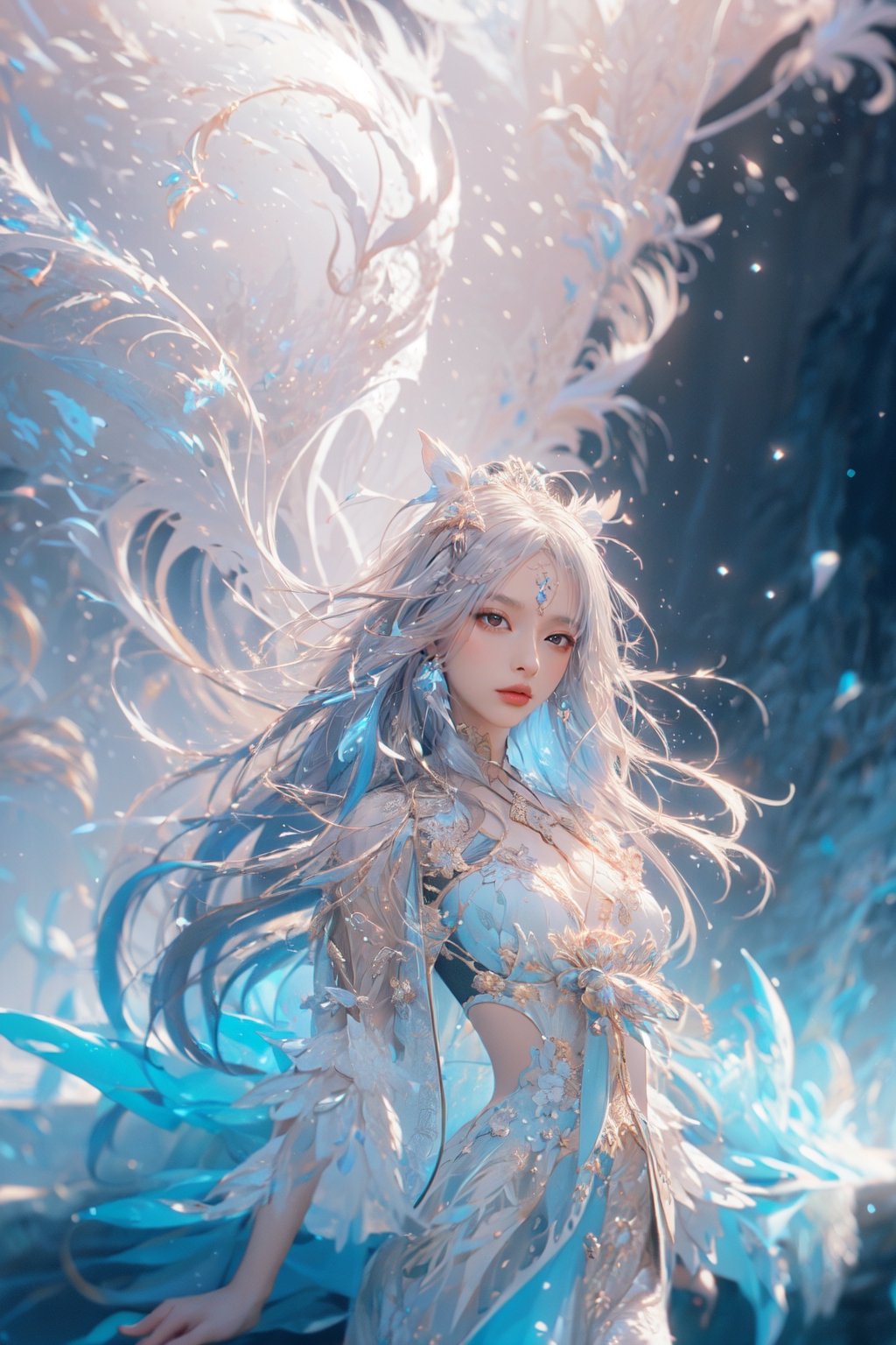 (masterpiece, top quality, best quality, official art, beautiful and aesthetic:1.2), (1girl:1.2), cute, extreme detailed,(abstract:1.4, fractal art:1.3),(silver_hair:1.1), fate \(series\), colorful,highest detailed, fire, ice, lightning, (splash_art:1.2), jewelry:1.4, hanfu, scenery, ink,露肩膀,豐胸