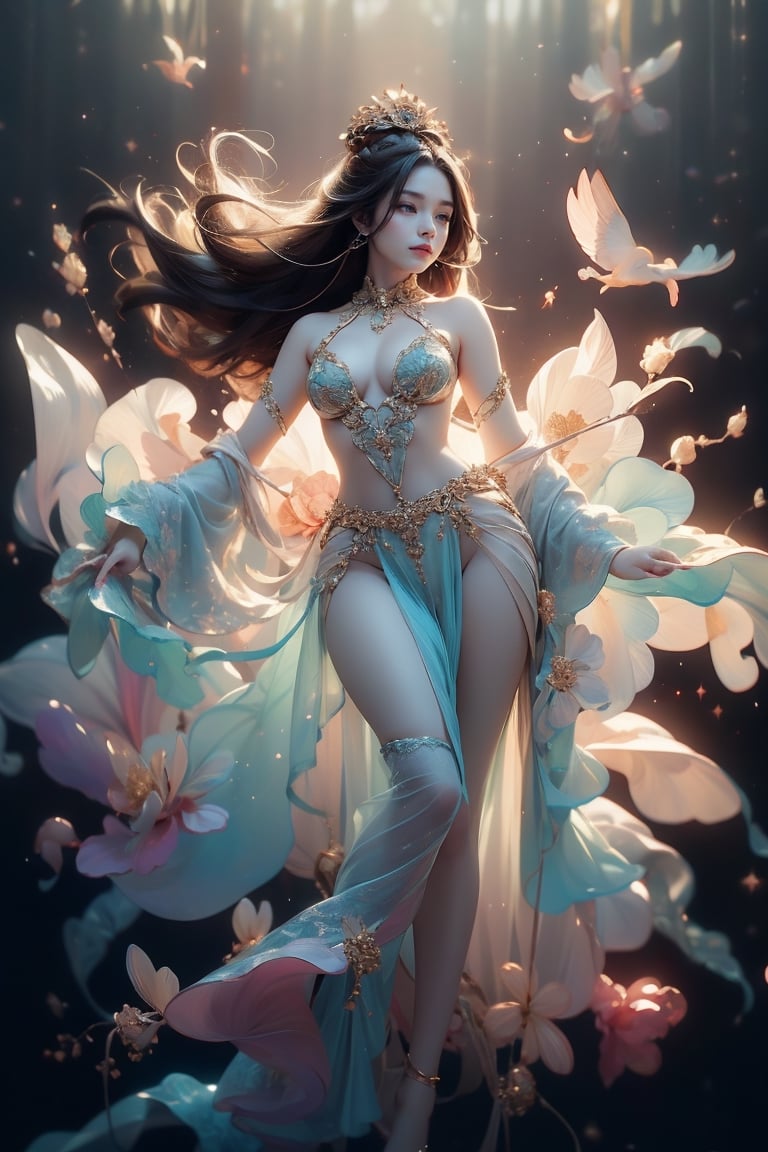 In a dreamy and ethereal setting, the woman is depicted floating in a cloud of mist and soft light. Her body is surrounded by delicate flowers that seem to bloom from her very essence, symbolizing the beauty and vitality of femininity. The colors used are pastel and muted, creating a serene and tranquil atmosphere. The composition is organic and flowing, with the woman’s body forming graceful curves that harmonize with the natural elements around her. The overall mood is one of enchantment and mystique, evoking a sense of wonder and reverence for the feminine form.,Transparent Glass Flowers,full-body blush