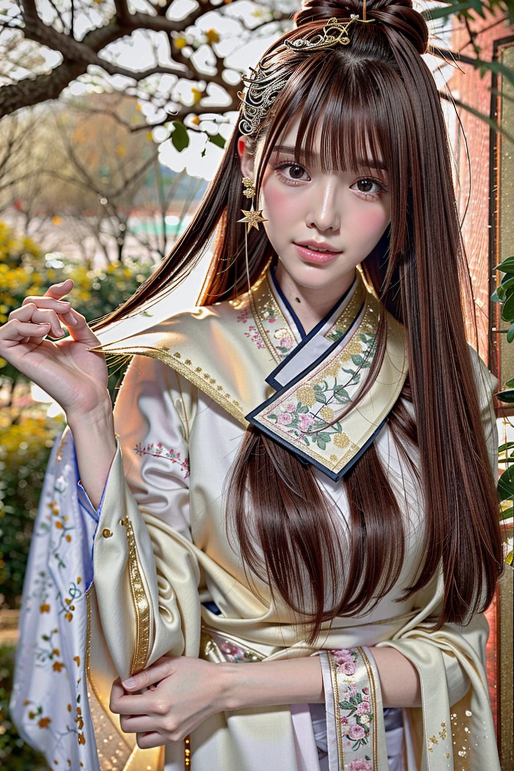 1 girl, solo, qbyc, masterpiece, top quality, best quality, 

The background is chinese palace garden,midnight,moon,milky way,snow,

shining bracelet,beautiful hanfu(white, transparent),cape, calm expression, natural and soft light, delicate facial features, ((model pose)), Glamor body type, (dark hair:1.2), beehive,long ponytail,very_long_hair, hair past hip, curly hair, flim grain, realhands, masterpiece, Best Quality, photorealistic, ultra-detailed, finely detailed, high resolution, perfect dynamic composition, beautiful detailed eyes, eye smile, ((nervous and embarrassed)), sharp-focus, full_body, 