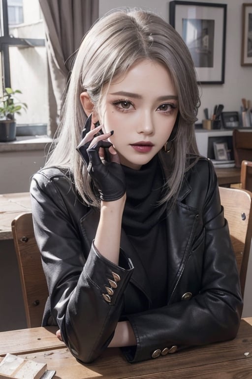 (masterpiece), best quality, high resolution, highly detailed, detailed background, perfect lighting, 1woman, long dark grey hair, long black leather blazer with black cotton turtleneck and black lips, black and grey scarf, black lipstick, black fingerless gloves, (cigarette:0.9), red eyes, moody, middle aged, youthful, mascara, make-up, big eyelashes, office, older woman, ash tray on table, cracked table, cracked wall, smoking, black_lips, long sleeves, sunglasses on forehead,masterpiece