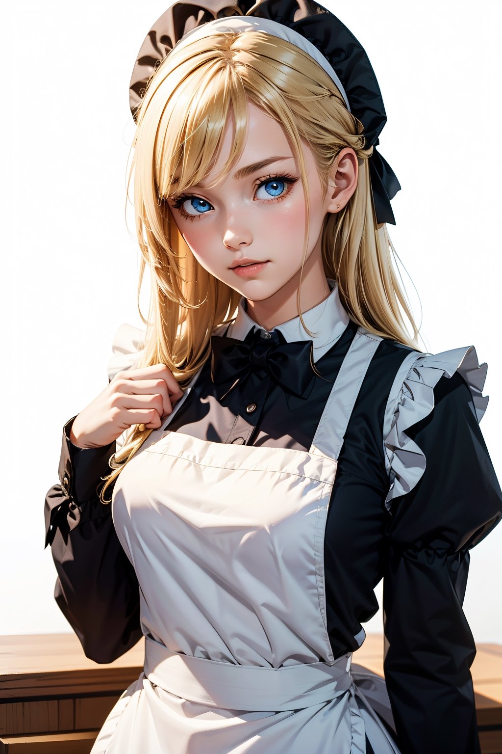 l0ngma1d, long sleeves, bow, apron, maid, frilled apron,  1girl, cute, long hair, blonde hair, blue eyes, ,masterpiece, best quality,  white background,
