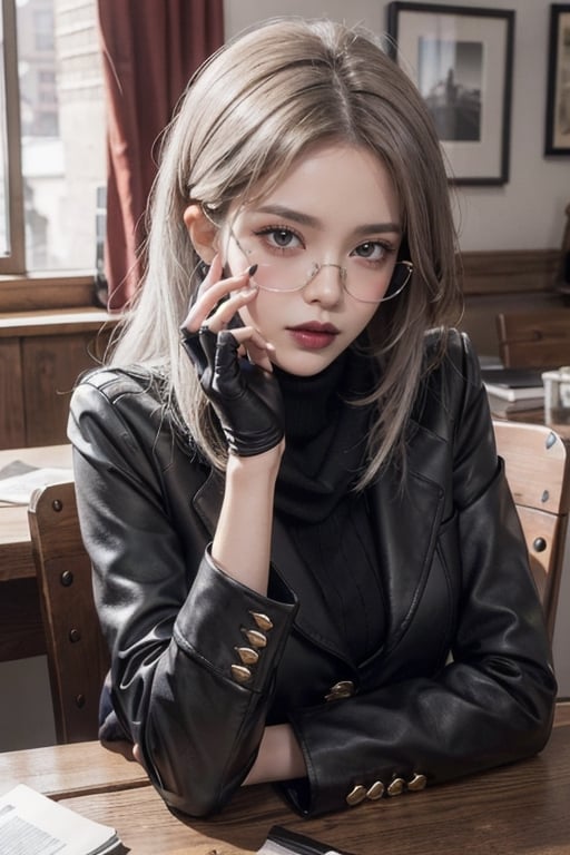 (masterpiece), best quality, high resolution, highly detailed, detailed background, perfect lighting, 1woman, long dark grey hair, long black leather blazer with black cotton turtleneck and black lips, black and grey scarf, black lipstick, black fingerless gloves, (cigarette:0.9), red eyes, moody, middle aged, youthful, mascara, make-up, big eyelashes, office, older woman, ash tray on table, cracked table, cracked wall, smoking, black_lips, long sleeves, sunglasses on forehead,masterpiece