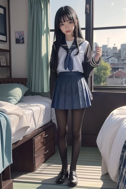 A young female student, 16 years old, (long black hair), Japanese JK uniform, blue skirt, black pantyhose, slender legs, bedroom location, watercolor, large windows, a small town in the background,