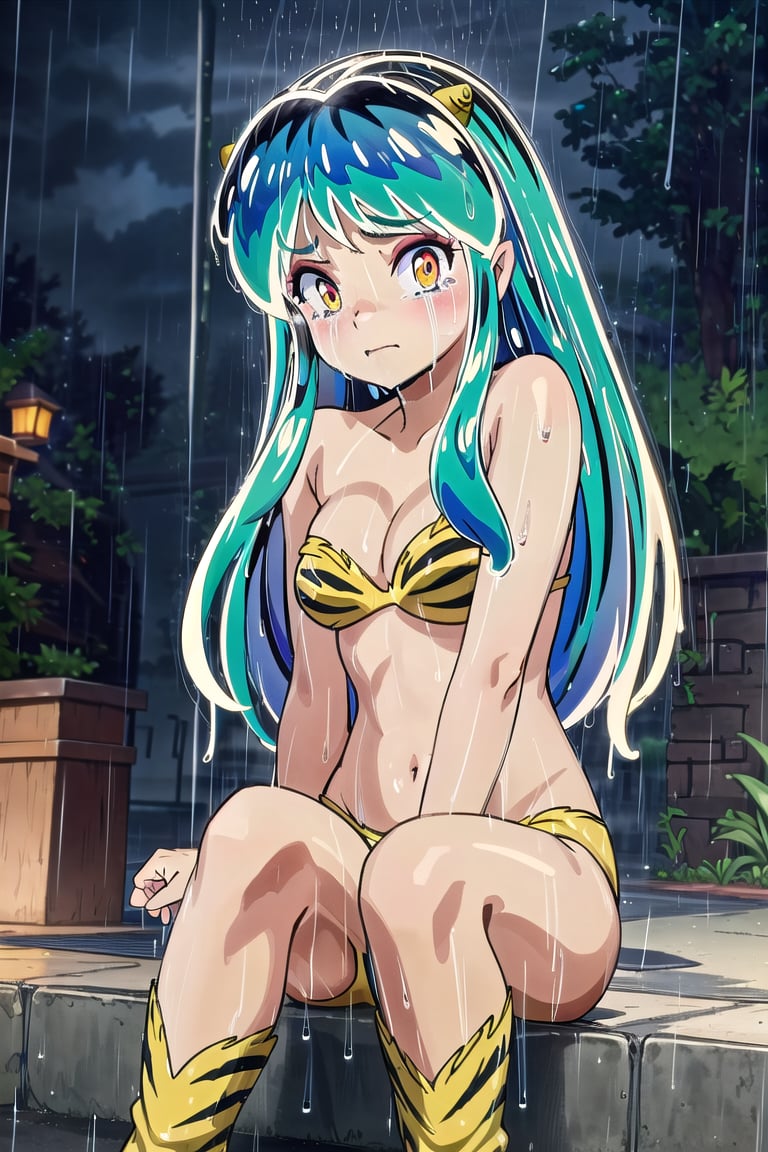 masterpiece, beautiful details, perfect focus, 8K Wallpaper, high resolution, exquisite texture, All kinds of details, sparkling,
lum, light hair, (looking at viewer:1.3), sad, tears,
lum-bikini,
duck sitting, 
sidewalk, night, (rain:1.3)