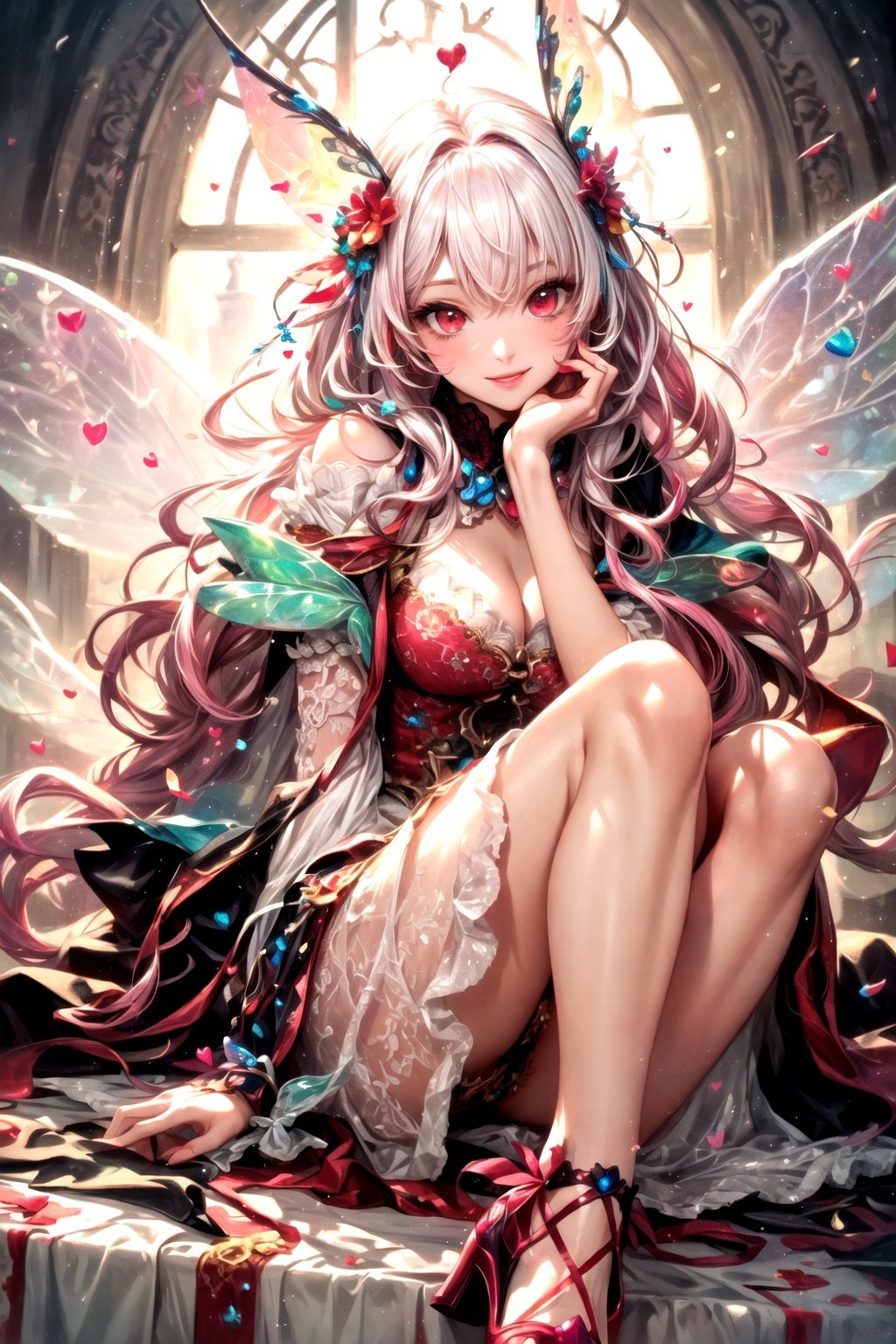 (masterpiece), (realistic), (best quality), (ultra-detailed), amazing, ((fairy of love, red eyes, lace wings, intricate fairy-tale outfit , shoes with hearts, very long white hair with pink strands, multicolored hair, dreamy smile)))), cinematic light, unusual angle and pose,)),