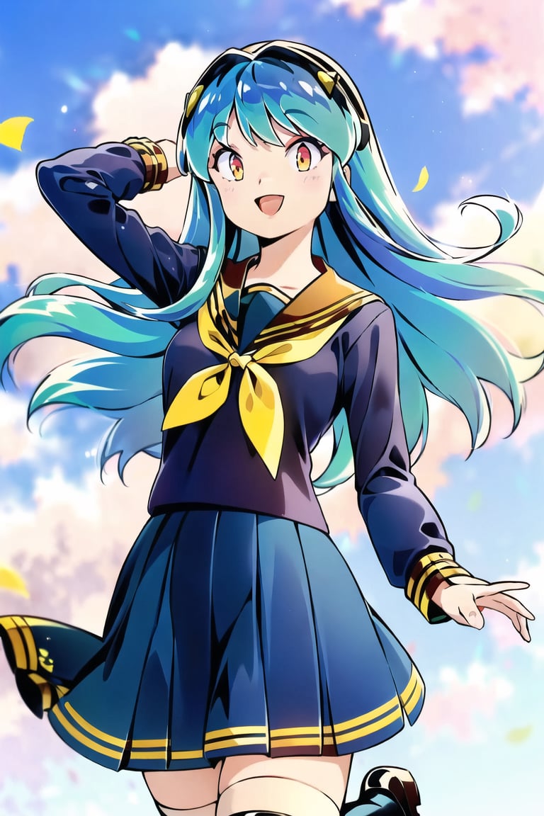 
lum, (long hair:1.1),
(brightly colored hair:1.3),
(looking at viewer:1.3),
smile,open mouth, happy,
(levitation:1.3), (deeply-prussian-blue japanese female school uniform:1.4), (deeply-prussian-blue blouse:1.4),
 (deeply-prussian-blue skirt:1.4),
yellow-bow-tie, 
(short white stockings),
(floating in the air:1.4),uniformsbodypaint,