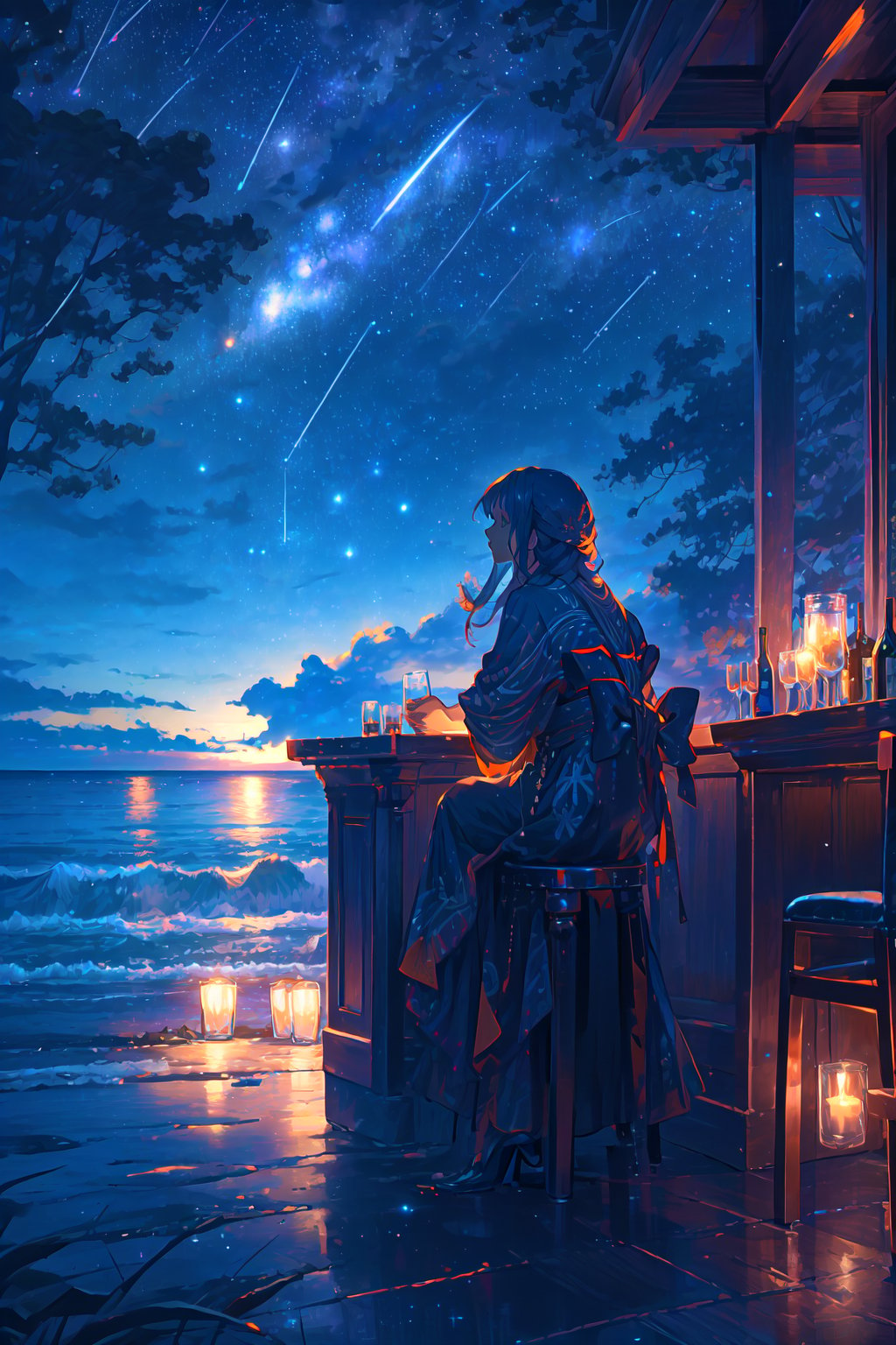 Bar in the sky, 1girl, solo, alone, sitting at bar counter, from side, drinking, (ocean:1.3), candles, starry sky, shooting stars, masterpiece, best quality, ultra detailed,bar,rotenburo