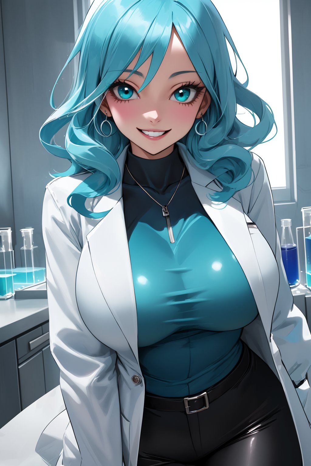 
Highly detailed.High Quality.Masterpiece. Beaitiful ( close-up).

Young woman, 22 years old, clear skin and good physical condition.She has an extremely voluptuous figure and giant breasts. She has a lab coat and black pants. Her hair is turquoise, wavy, very short and messy. He has big turquoise eyes. It's the same outfit as Juvia. She is alone, but with a happy smile on her face in a laboratory.