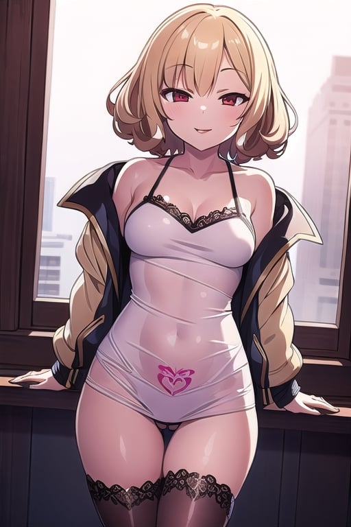 masterpiece, best quality,1girl,solo,short hair,curly hair,blonde hair,see-through camisole,see-through dress,brown stockings,off-shoulder jacket,white jacket,lace-trimmed thighhighs,thigh gap,covered tattoo,red lips,evil smile,corruption,