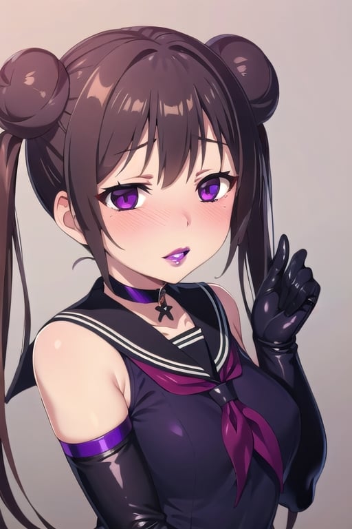 masterpiece, best quality,1girl,blush,serafuku,black school uniform,elbow gloves,black gloves,sleeveless,shiny clothes,empty eyes,red eyes,brown hair,double bun,twintails,black choker,close mouth,((purple lips)),(thick lips),corruption,close-up,