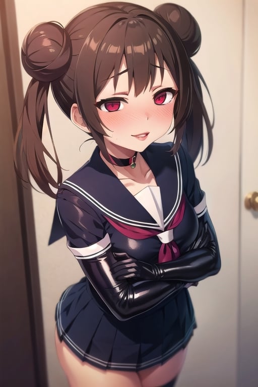 masterpiece, best quality,1girl,blush,serafuku,school uniform,elbow gloves,shiny clothes,empty eyes,red eyes,brown hair,double bun,twintails,black choker,evil smile,(red lips),(thick lips),corruption,