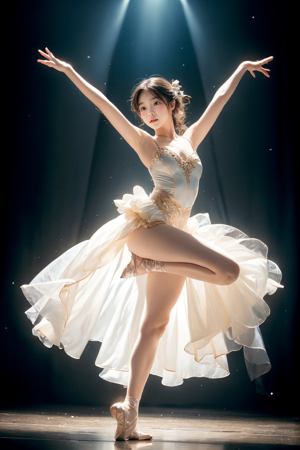 An 16-year-old Korean girl dances alone in a dimly lit studio wearing a ballet costume, her movements reflected in the soft spotlight. This scene highlights her dedication and artistic loneliness, echoing themes of personal growth in Iwai Shunji's work. The atmosphere of the scene is captured with a high graininess reminiscent of ISO 800 film.