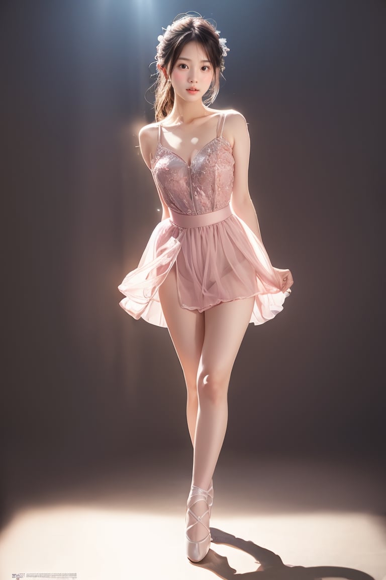 1 girl (full body), (detailed beautiful eyes and detailed face, masterpiece side light, masterpiece, best quality, detailed, high resolution illustration,realistic, sharp focus, cinematic lighting, extremely detailed, epic), An 18-year-old Japanese girl dances alone in a dimly lit studio wearing a ballet costume, her movements reflected in the soft spotlight. This scene highlights her dedication and artistic loneliness, echoing themes of personal growth in Iwai Shunji's work. The atmosphere of the scene is captured with a high graininess reminiscent of ISO 800 film.