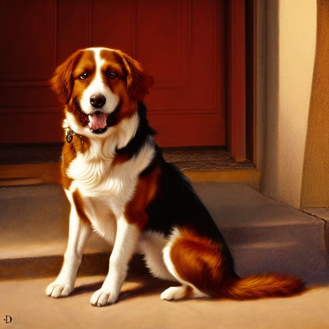 Realistic oil painting of a loyal dog sitting at a doorstep, by Jim Daly, intricate details in fur and expression, soft lighting from the setting sun, warm colors, long shot perspective to capture the dog's surroundings.