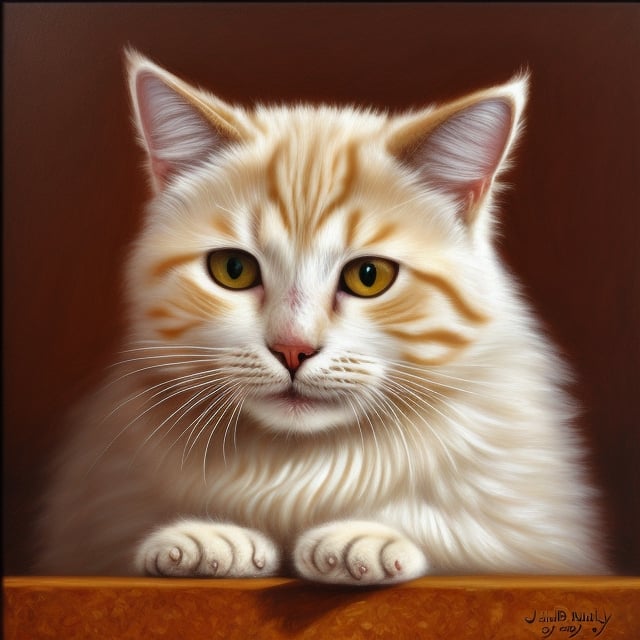 Realistic painting of a fluffy cat, by Jim Daly, intricate details in fur and eyes, soft lighting, realistic texture, oil painting style