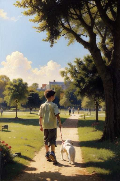 Heartwarming, realistic illustration of a young boy walking his dog in a park, bright sunny day with vibrant colors, intricate details in the trees and grass, by Norman Rockwell and Mary Cassatt, long shot perspective, soft lighting.