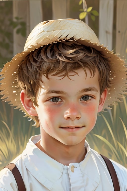 Closeup portrait of a cute preteen Amish boy with a straw hat, realistic oil painting style, by John Singer Sargent and Jan van Eyck, soft lighting, intricate details in the clothing and facial features.