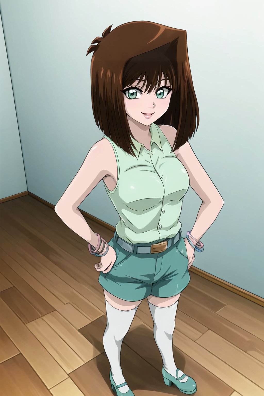 ((masterpiece)), ((high quality)), ((beautiful details)), ((perfect focus)), ((high resolution)), ((exquisite texture in every detail)), ((official art)), 

((20yo, young female))aamazaki, (antenna hair:1.2), small breasts, green shirt, sleeveless, bracelet, belt, blue shorts, gark green eyes, white thighhighs, blue footwear
platform shoes ,heeled shoes, cowboy shot, standing, indoors,full body, smile happy ,alone solo, ((erotic smile, naughty face, erotic face, hand on lips, hand on hip)) ((looking at viewer))

((standing ))