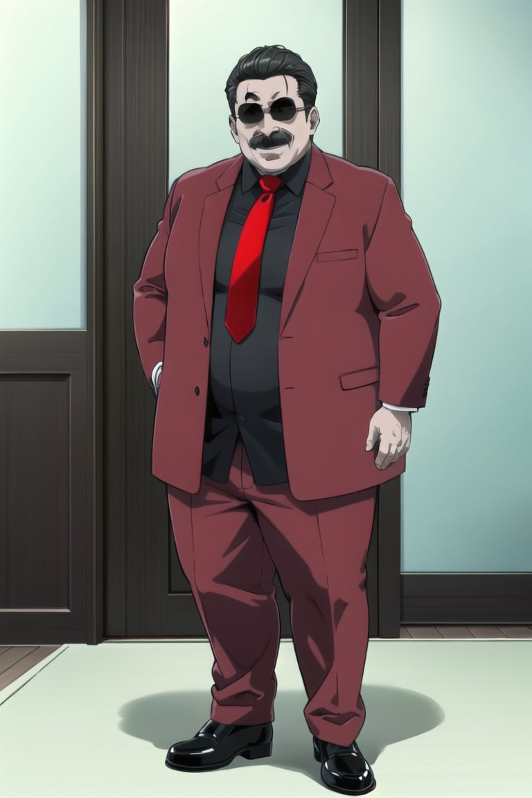 ((masterpiece))  ((high quality)) 
((beautiful details)),(( perfect focus)), (( high resolution)), ((exquisite texture in every detail)),(high quality:1.2), intricate detailed, digital art,
indoors

((1boy)) solo, fat boy, oldman,  red jacket, black shirt ,red necktie, red pants, gray hair, black hair, moustache, black shoes, smile
standing
full body
indoors
