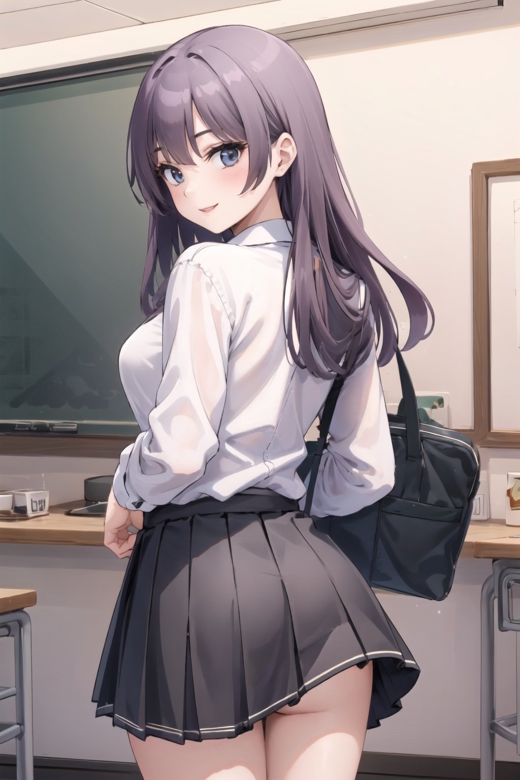 olivia,studio,school_uniform , back view, smile