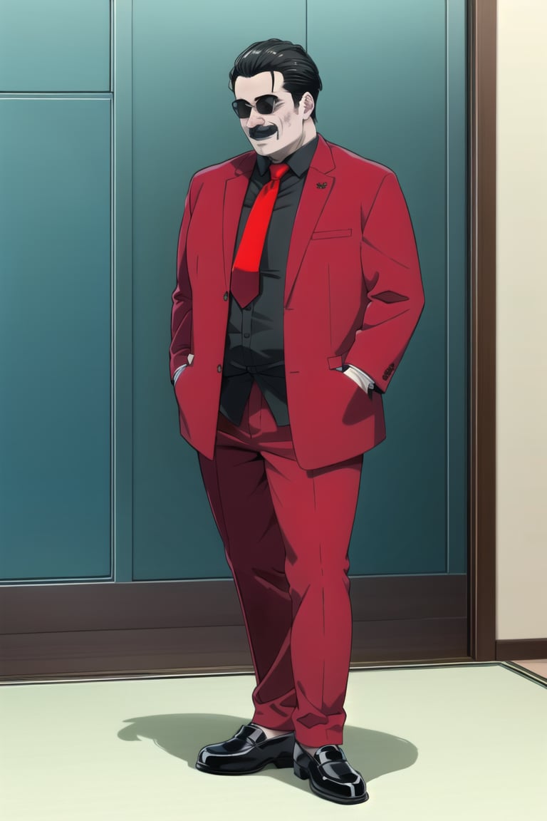 ((masterpiece))  ((high quality)) 
((beautiful details)),(( perfect focus)), (( high resolution)), ((exquisite texture in every detail)),(high quality:1.2), intricate detailed, digital art,
indoors

((1boy)) solo, fat boy, oldman,  red jacket, black shirt ,red necktie, red pants, gray hair, black hair, moustache, black shoes, smile
standing
full body
indoors
