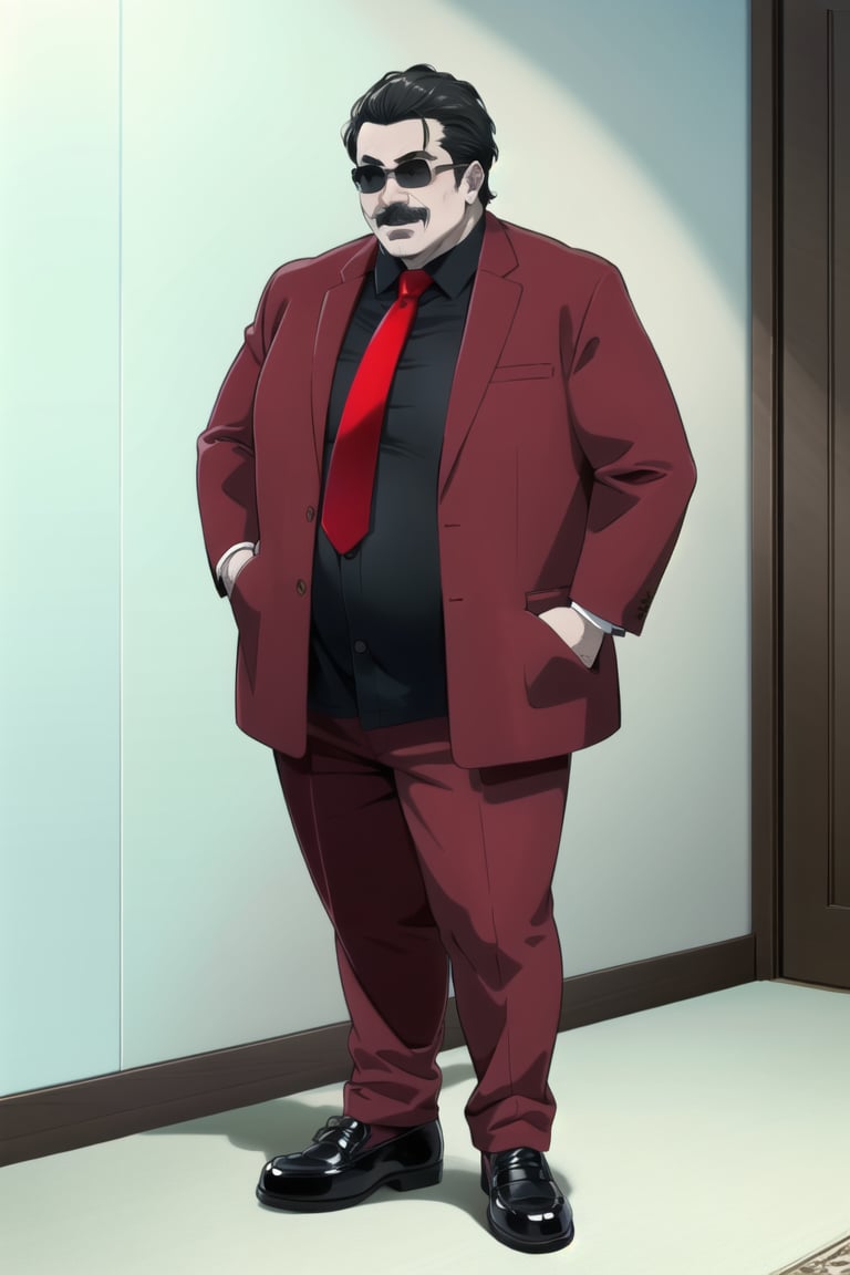 ((masterpiece))  ((high quality)) 
((beautiful details)),(( perfect focus)), (( high resolution)), ((exquisite texture in every detail)),(high quality:1.2), intricate detailed, digital art,
indoors

((1boy)) fat boy, oldman,  red jacket, black shirt ,red necktie, red pants, gray hair, black hair, moustache, black shoes, smile
standing
full body
indoors
