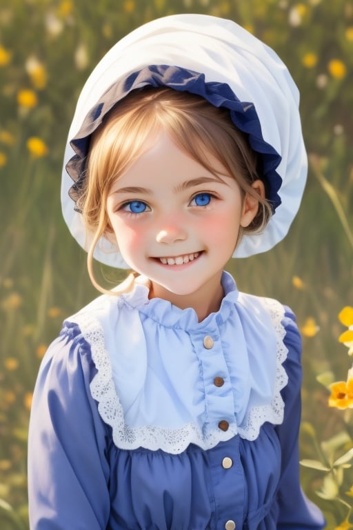 A beautiful Amish young girl wearing a bonnet. Big blue eyes and a lovely smile.