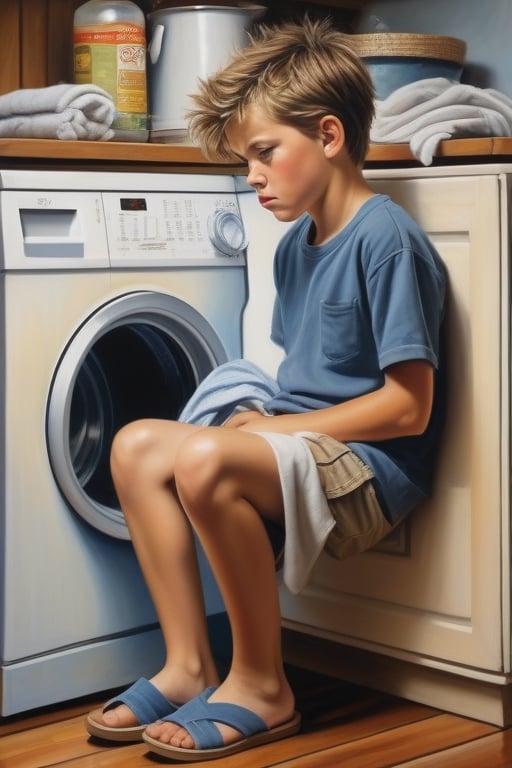 Realistic oil painting of an 11-year-old boy with messy hair, wearing shorts and barefoot, looking annoyed and very upset our way, looking at viewer, while doing chores such as laundry and dishes. Inspired by the works of Norman Rockwell, the painting captures a moment of childhood frustration and responsibility. The intricate details in the clothing and surroundings add depth to the realistic style.,REALISTIC