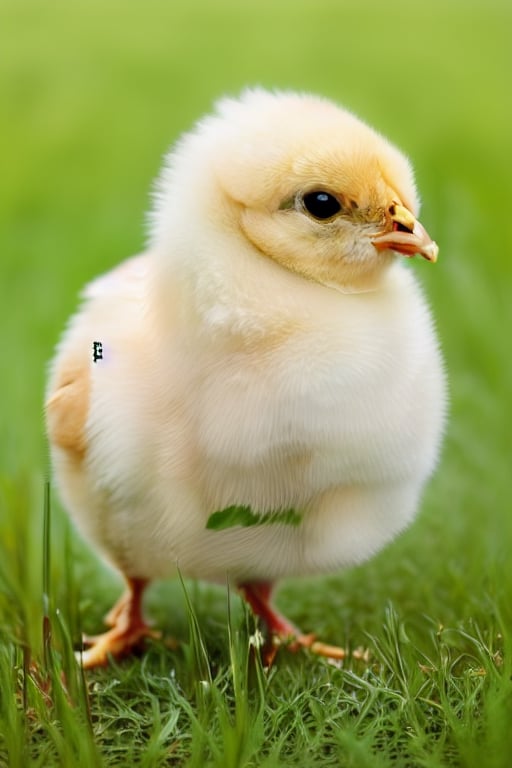 Adorable fluffy little chicken standing in a garden, realistic painting style with intricate details, by Beatrix Potter and Jan van Eyck, (close-up shot), bright green grass and colorful flowers in the background.