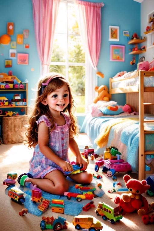 A little girl with long ginger hair and freckles, playing in her bedroom with her toys. Heartwarming oil painting. 