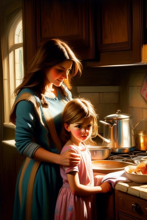 Realistic oil painting of a little girl with long blonde hair helping her mother in the kitchen, warm and cozy lighting, detailed brushstrokes reminiscent of John Singer Sargent's style, capturing a heartwarming moment between mother and daughter.