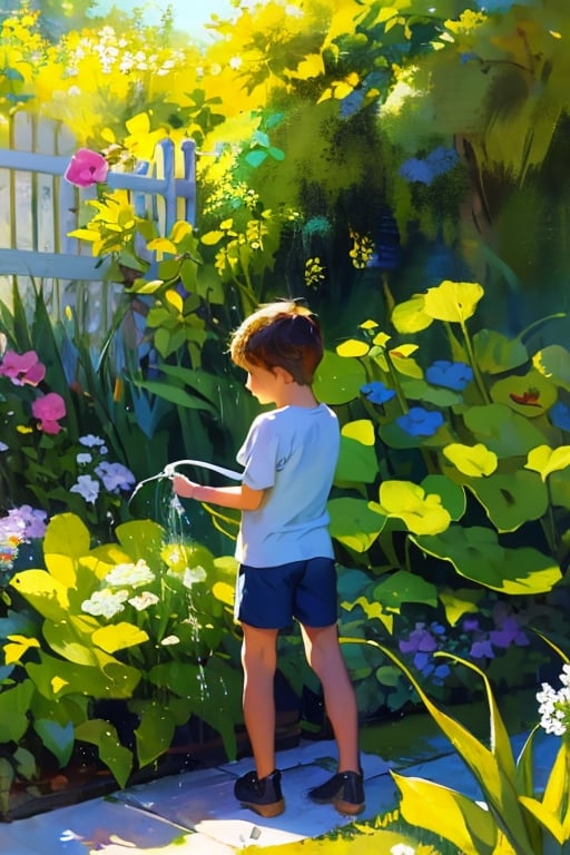 Realistic oil painting of a preteen boy with blond hair wearing shorts, watering plants in a sunny garden on a peaceful morning. The painting captures the innocence and simplicity of childhood, with intricate details and vibrant colors. Inspired by artists such as John Singer Sargent and Vincent Van Gogh, this piece is sure to bring warmth and joy to any room.