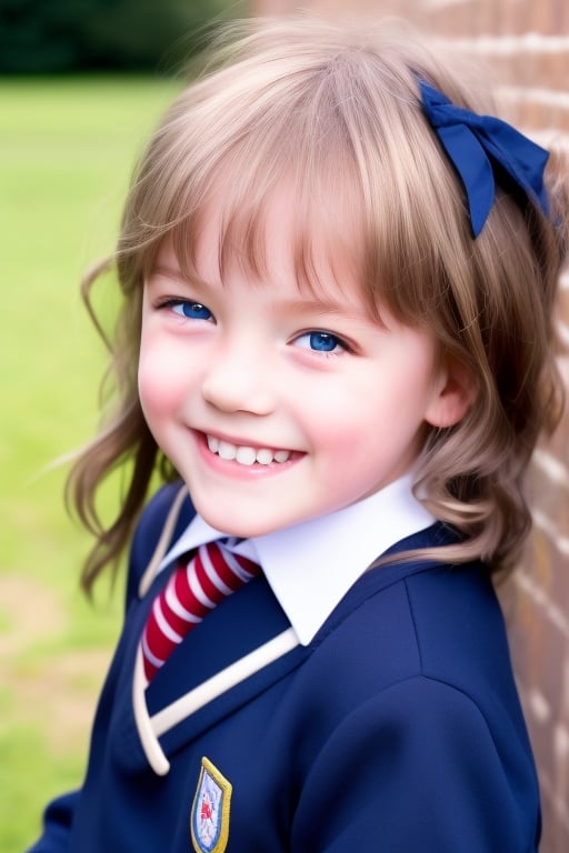 A 6-year-old girl wearing an English school uniform. Blonde  hair, big blue eyes, cheeky grin.