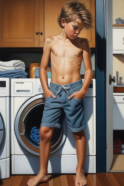 Realistic oil painting of an 11-year-old boy with messy hair, wearing shorts and barefoot, looking annoyed and very upset our way, looking at viewer, while doing chores such as laundry and dishes. Inspired by the works of Norman Rockwell, the painting captures a moment of childhood frustration and responsibility. The intricate details in the clothing and surroundings add depth to the realistic style.,REALISTIC