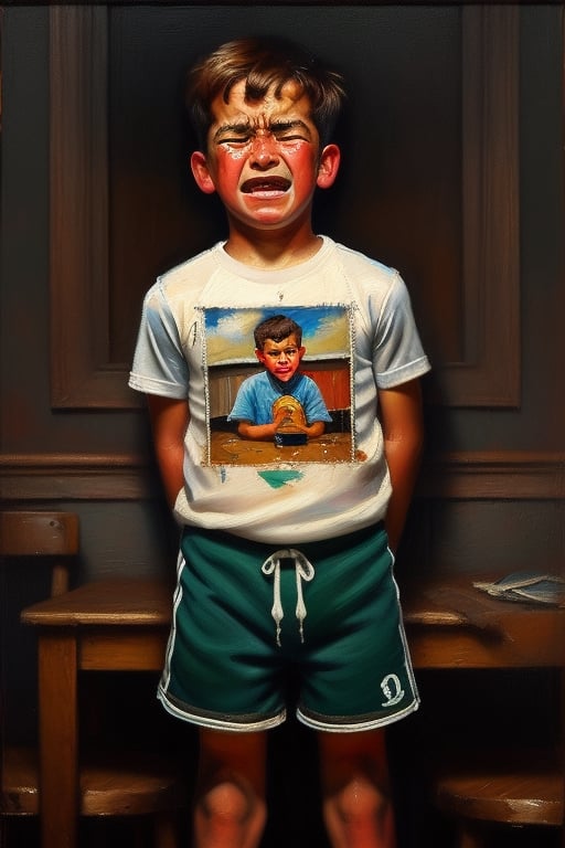 Realistic oil painting of a 10-year-old boy wearing short 80s shorts, crying and being disciplined by his parents, highly detailed with intricate brushstrokes reminiscent of Norman Rockwell's style, dramatic lighting and composition.,discipline memories