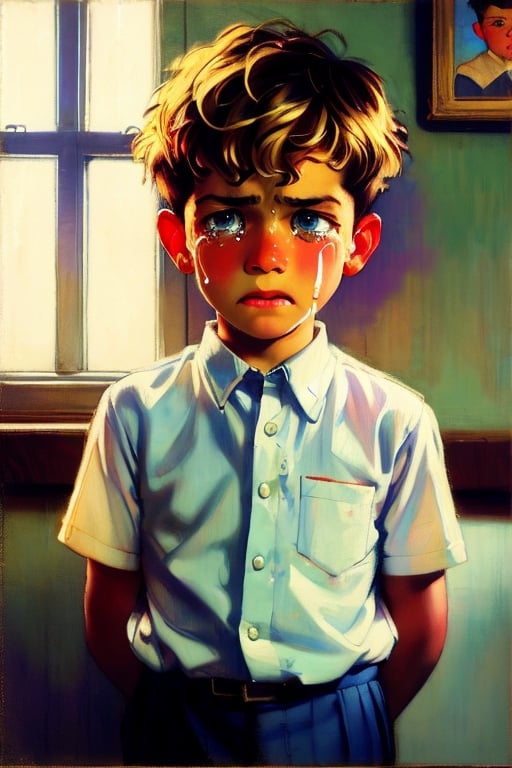 Emotional and poignant illustration of a young boy, age 7, with tears in his eyes as he remembers being disciplined by his mother. His hands are behind his back and he has messy blond hair. The style is realistic and captures the raw emotions of childhood memories. Art by Norman Rockwell or Mary Cassatt, long shot perspective, soft lighting to convey the vulnerability of the moment.