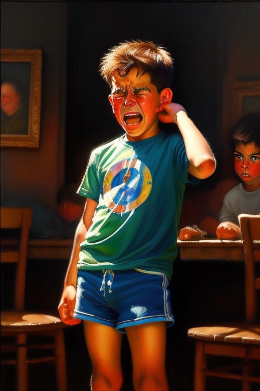 Realistic oil painting of a 10-year-old boy wearing short 80s shorts, crying and being disciplined by his parents, highly detailed with intricate brushstrokes reminiscent of Norman Rockwell's style, dramatic lighting and composition.,discipline memories