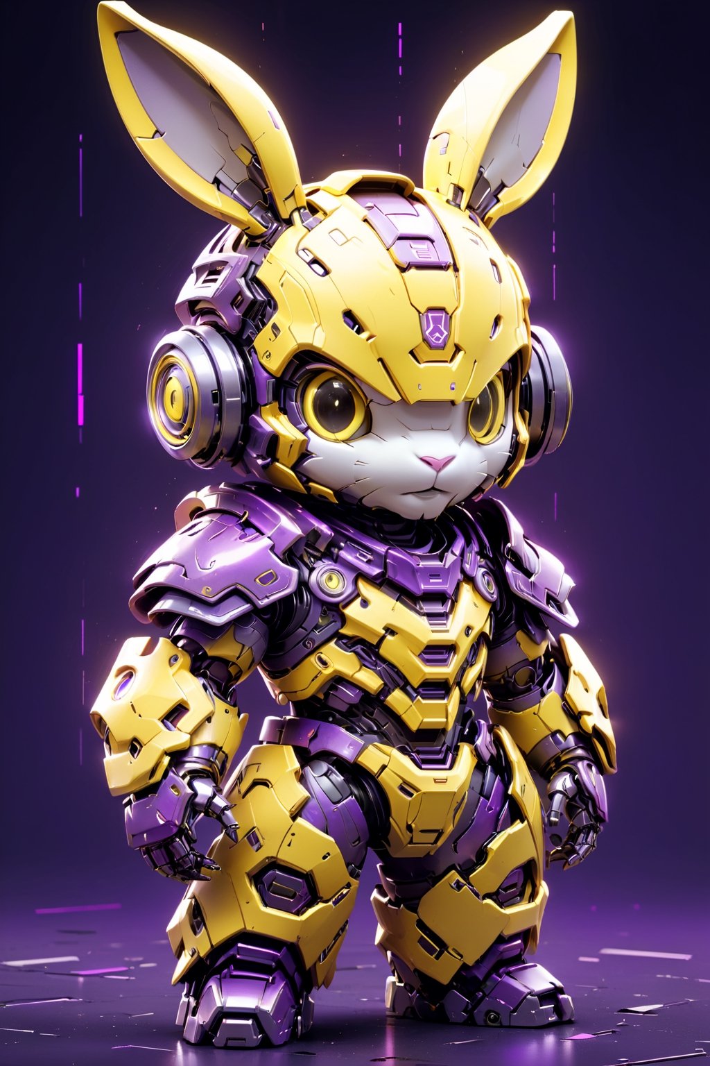 (Masterpiece, Best Quality: 1.5), EpicLogo, light yellow armor, robot, purple armor, whith face, looking at viewer, rabbit style, center view, cute, toned, cinematic still, cyberpunk, full body, cinematic scene, complex Mechanical details, ground shot, 8K resolution, Cinema 4D, Behance HD, polished metal, shiny, data, white background,WEARING HAUTE_COUTURE DESIGNER DRESS,gh3a
