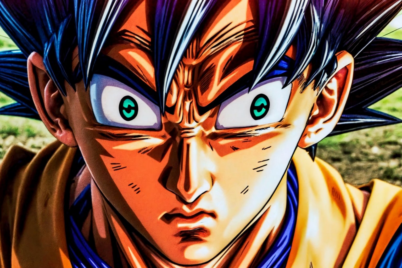 GoingInsane,close-up highly detailed, high quality, masterpiece, beautiful, (close-up), 1boy, alone, Goku from Dragon Ball Z, GoingInsane meme, wide eyes, lost look, black hair, muscular