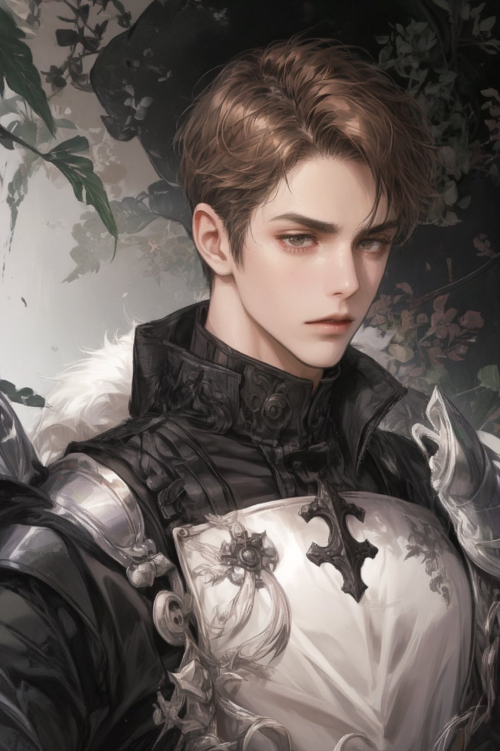 muscular, anime character with short parted hair, dark brown hair, gray eyes, medium background, knight armor, knight, warrior, a character portrait, rococo.
{{parted bangs}}, male_focus, medium_background, 1guy, 1boy, sole_male, {{{{solo}}}}, serious expression, elegant, dark_ brown_hair, closed lips