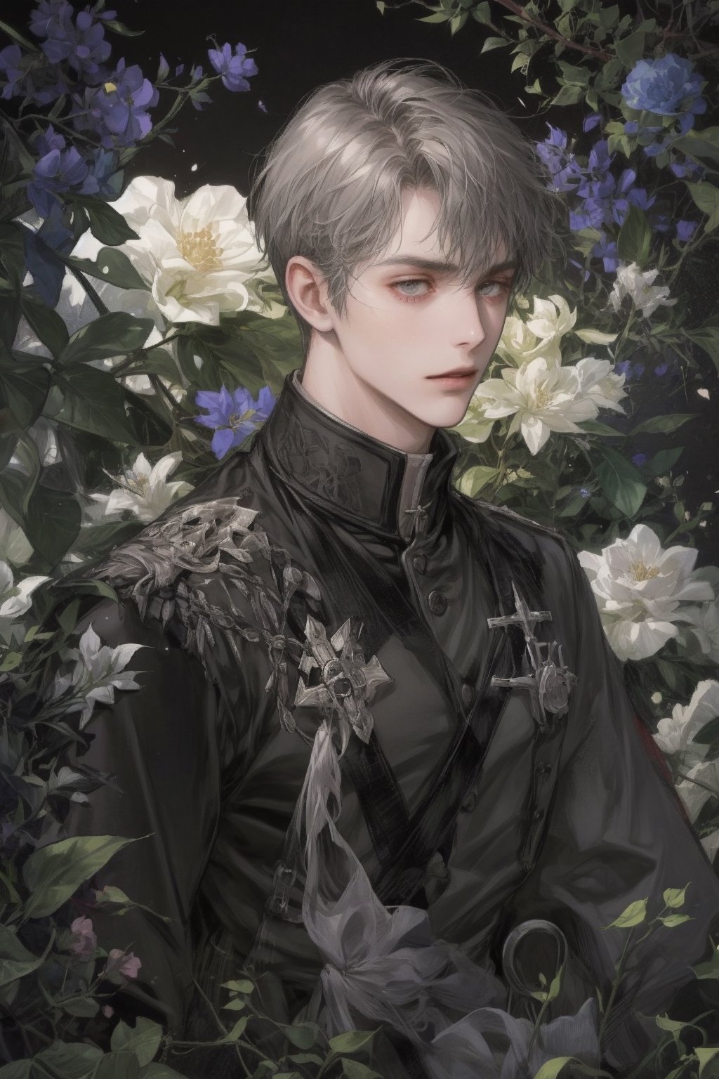 anime character with short dark gray hair, dark gray eyes, light background, black and gray military uniform, soldier, army, a character portrait, rococo.
bangs, male_focus, light_background, 1guy, 1boy, sole_male, gray gardenia flowers, {{{{solo}}}}