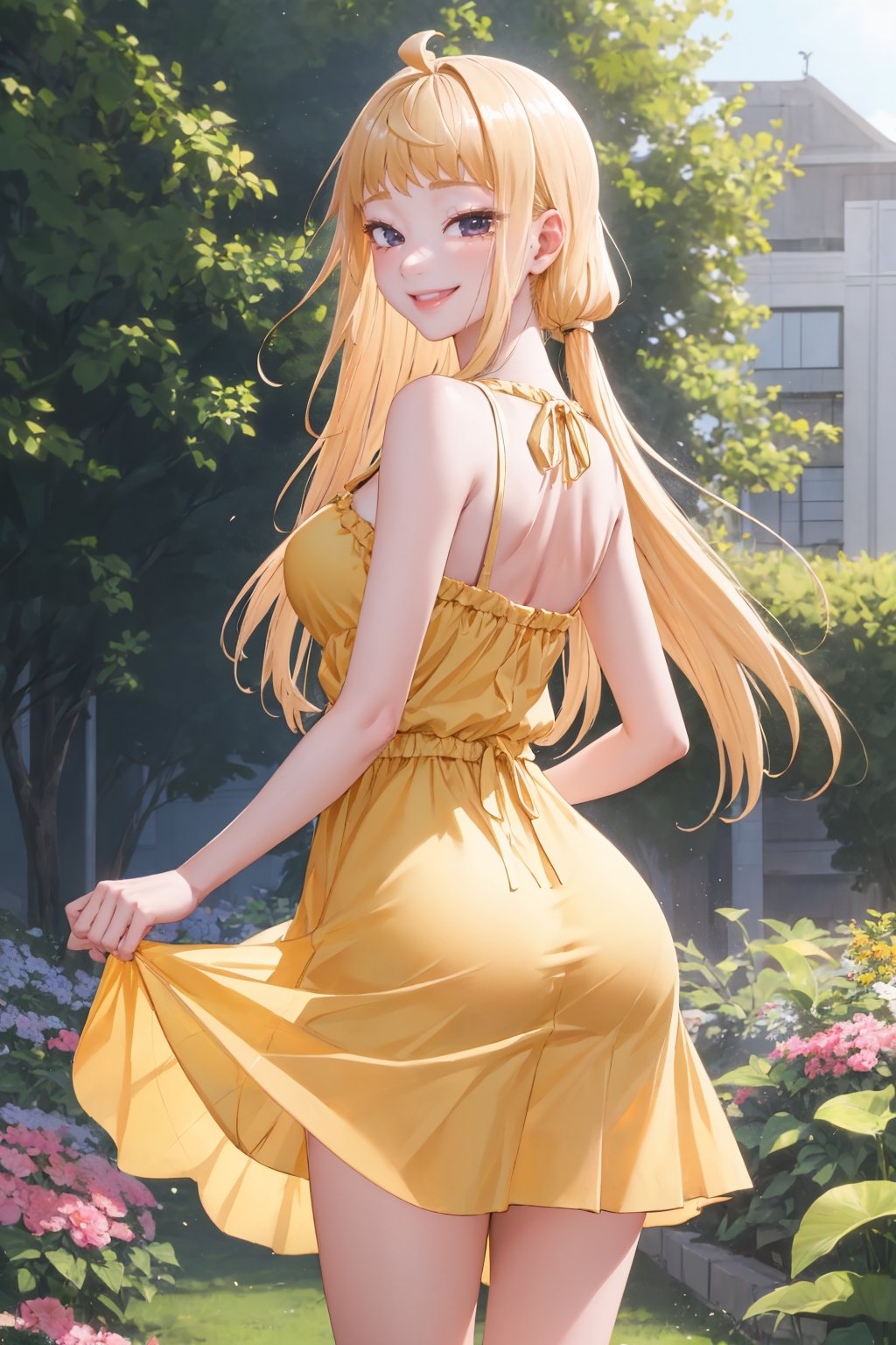 masterpiece, best quality, absurdres, FuyukiMinami, from behind, (yellow sundress), garden, day, sunshine, smile, looking back, FuyukiMinami