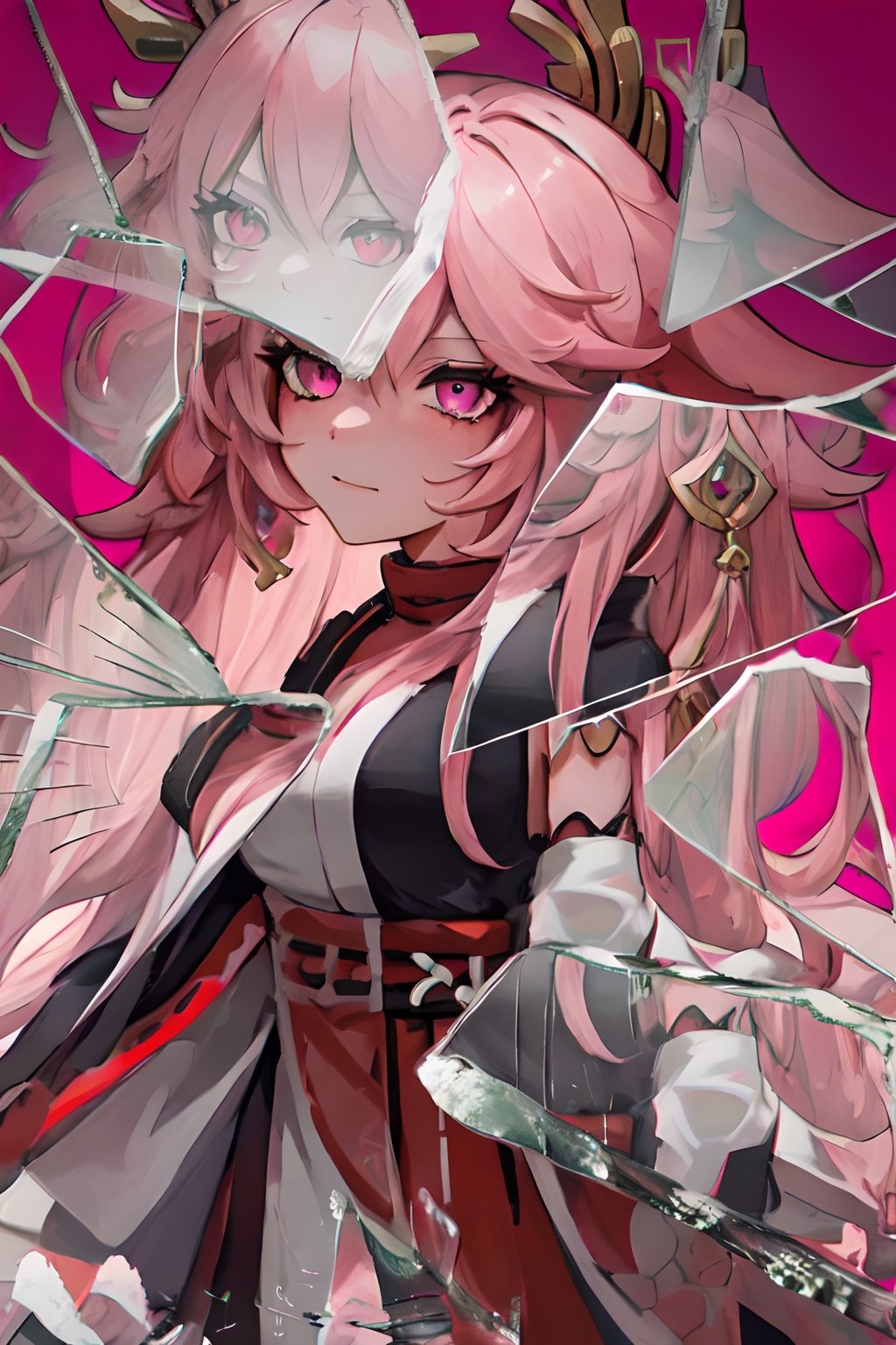 High Quality, Masterpiece, IncrsBrknGls, broken glass, reflection, , 1girl, yae miko, pink eyes, long hair, pink hair, animal ears, ,IncrsBrknGls,yaemikodef