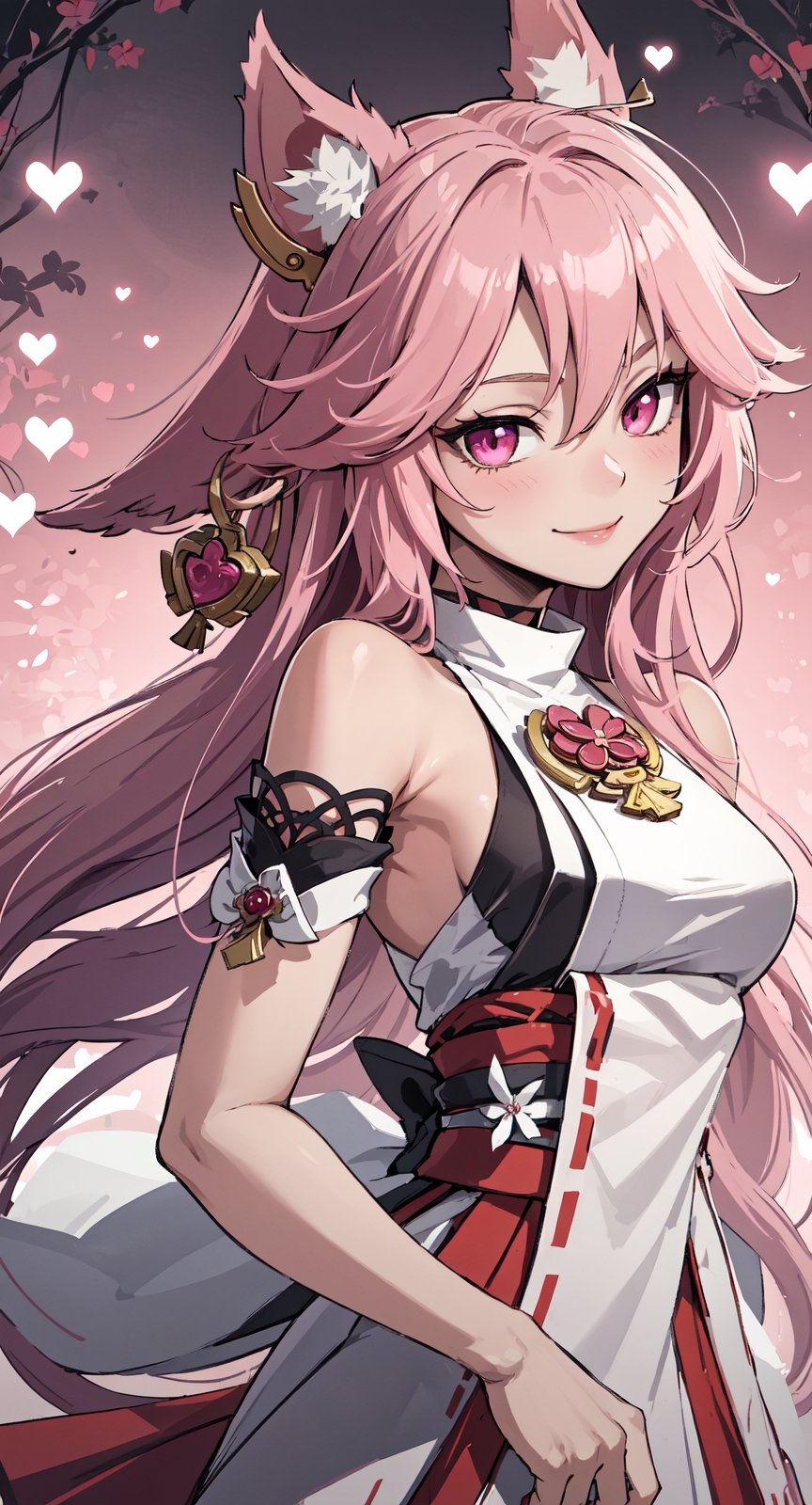 High Quality, Masterpiece, 1girl, yae miko, pink eyes, long hair, pink hair, animal ears, yaemikodef , sharp eyes, clear details, romantic, hot looking , mysterious aura, smiling, confident, realistic eyes, detailed eyes, love, valentines, charming, heart, evil look 