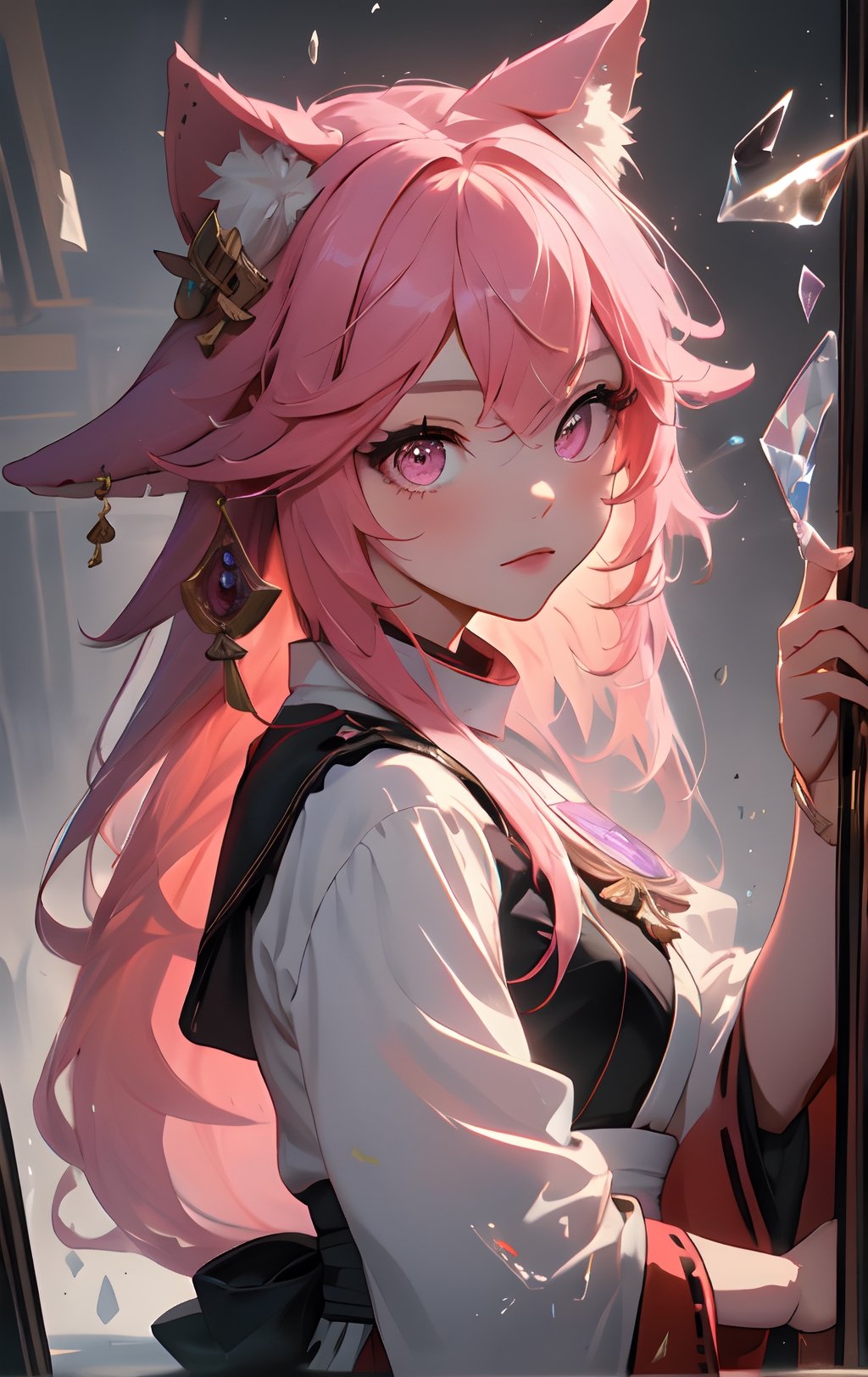 High Quality, Masterpiece, IncrsBrknGls, broken glass, reflection, , 1girl, yae miko, pink eyes, long hair, pink hair, animal ears, ,IncrsBrknGls,yaemikodef , sharp eyes