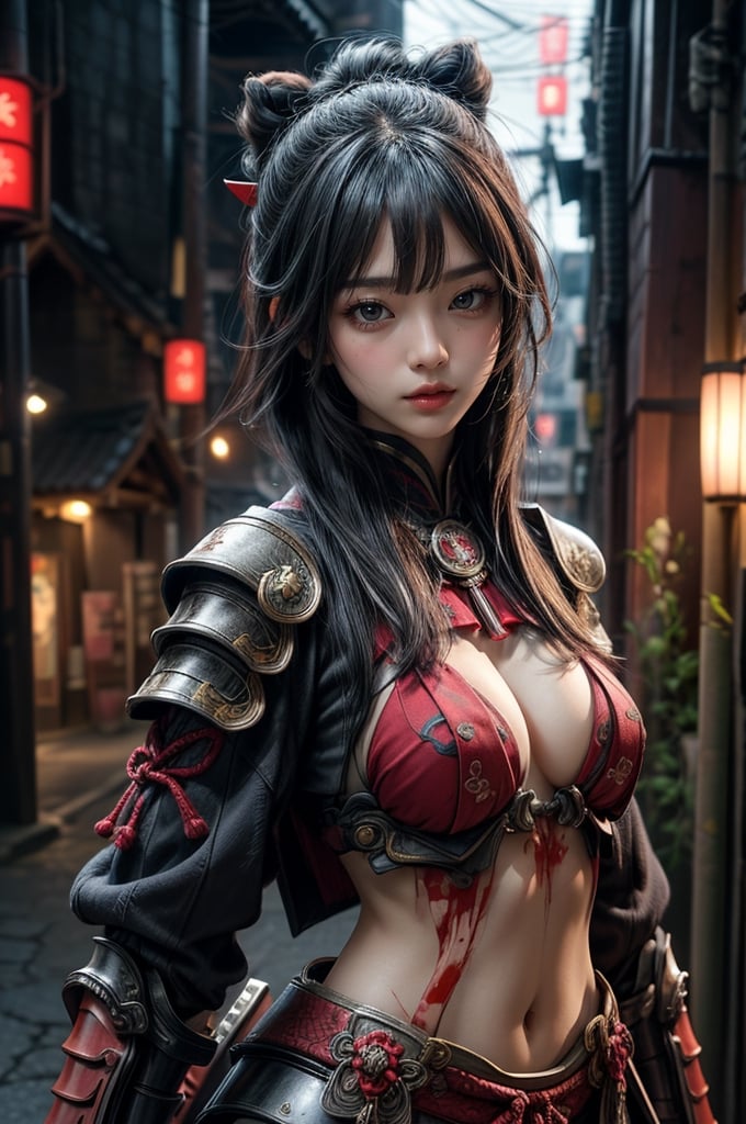 so sexy sumurai girl , blood demon samurai Armor  ,The outfit is detailed, Expose the skin , standing straight and strong in a pose,upper body , ancient Japanese war, night