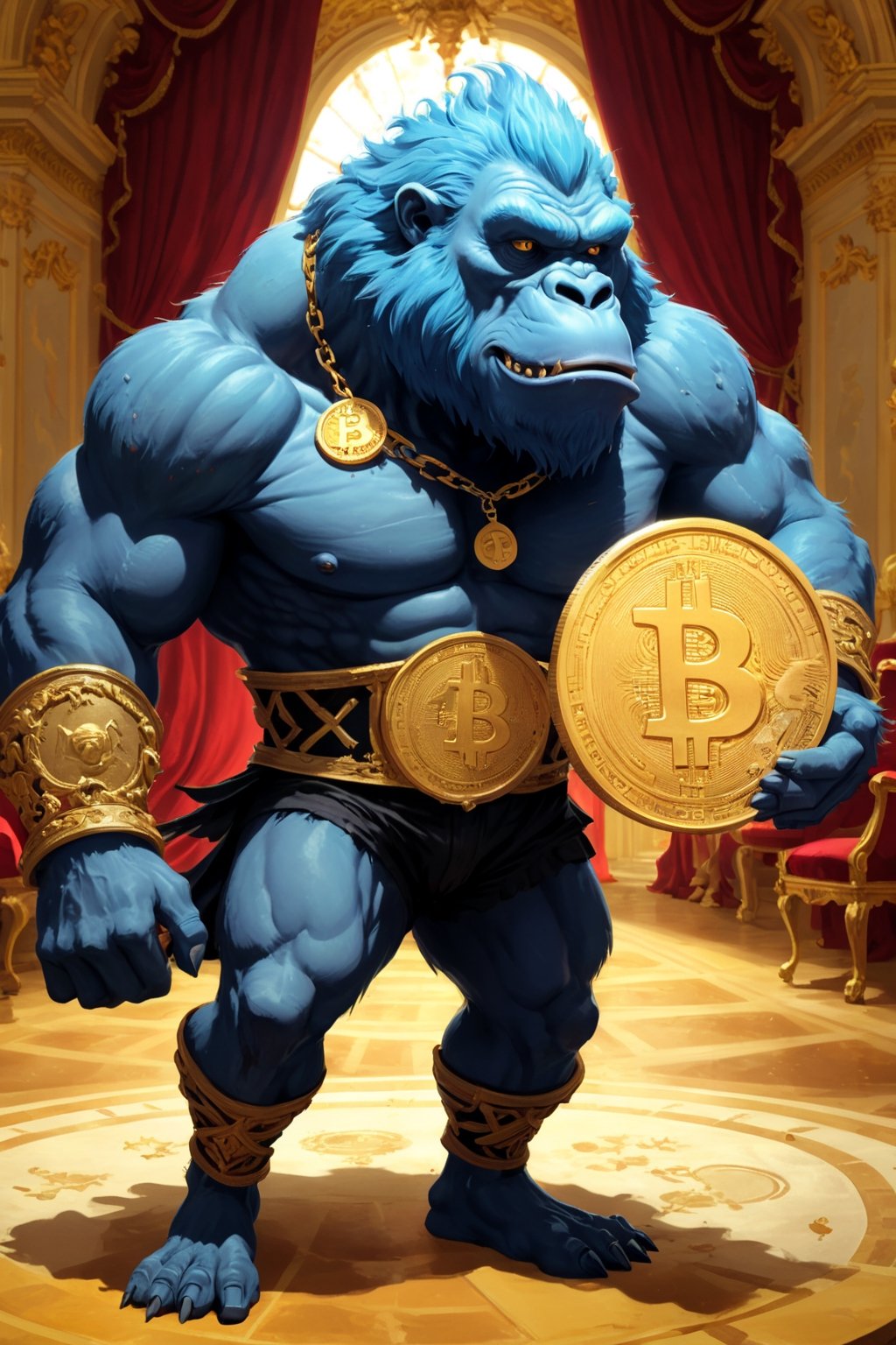 a big bitcoin gorilla cartoon coin plays a grand piano in the Palace of Versailles to the moon and yells at various altcoins, bitcoin badass hero ((xrp, ethereum, cardano) coins sit on the ground and cry, bitcoin disciplines them with a belt, dark and scary, coins on ground are scared and shaking)), (((bitcoin symbol in the background)) print Apex Predator around the edge of the coin), bitcoin symbol on chest, (((Louis XIII theme)))