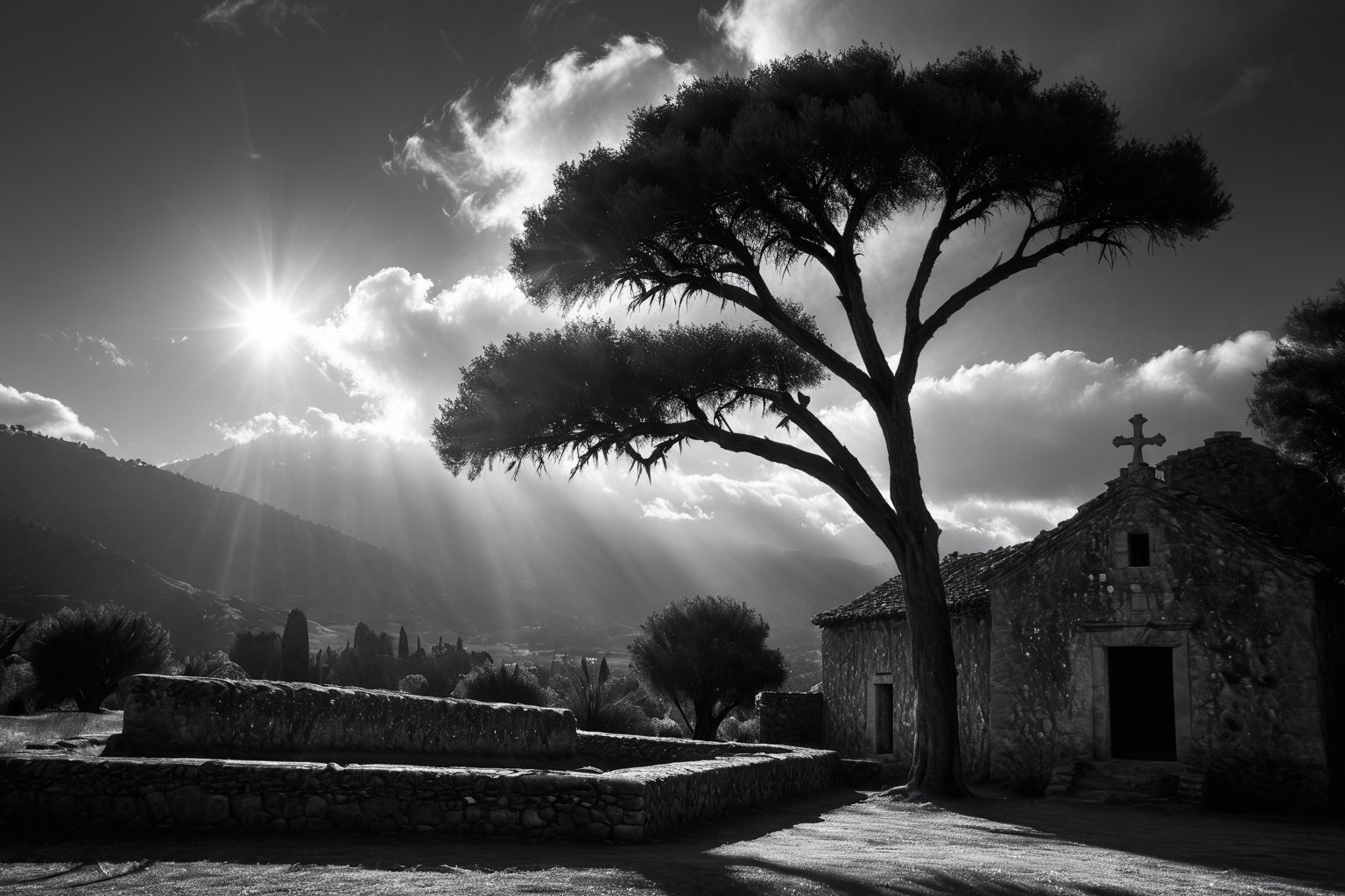 black and white realistic photo, california hill country,   very large rustic stone built spanish mission san jose in the background, detail and vibrant, barroque style, 8k, sunrise,3D, Masterpiece, black and white, infrared exposure, two thirds rule of photography, adam ansel style, cumulus clouds, hills and pine tree, medium perspective, sunlight rays shining through eucalyptus tree, mysterious, SD1.5, offset focus, perspective at 33 degrees, realistic eucalyptus trees and leaves, feng shui style, image subject are balanced